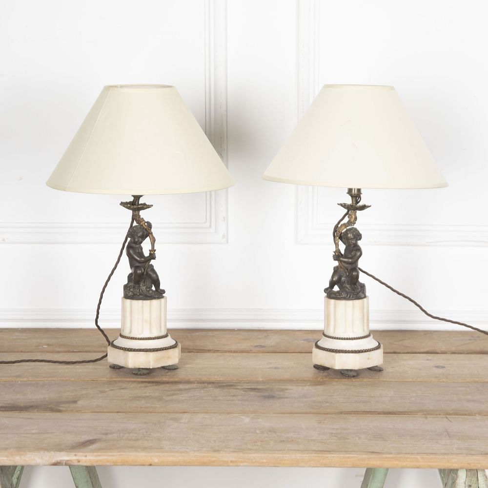 SALE: Pair of 19th Century French Marble and Bronze Cherub Table Lamps LT3730905