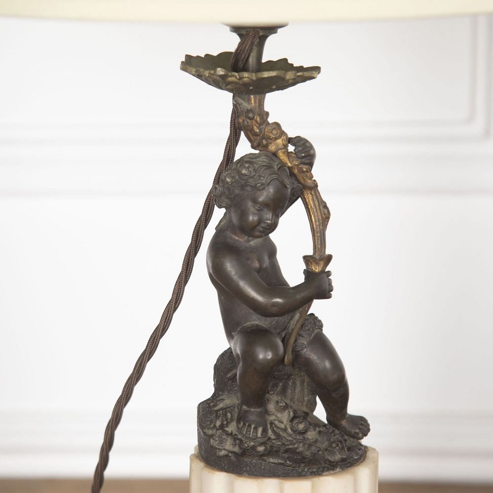 SALE: Pair of 19th Century French Marble and Bronze Cherub Table Lamps LT3730905