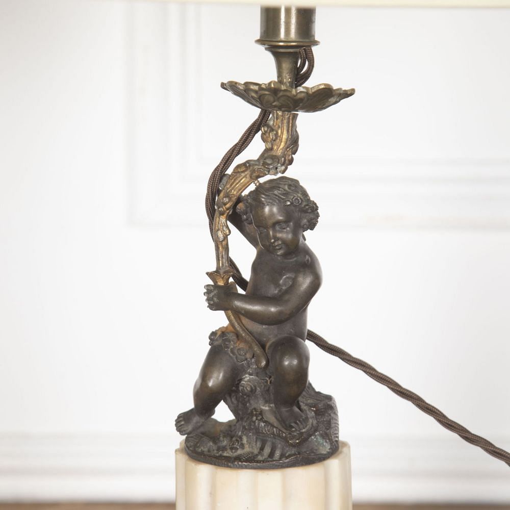 SALE: Pair of 19th Century French Marble and Bronze Cherub Table Lamps LT3730905