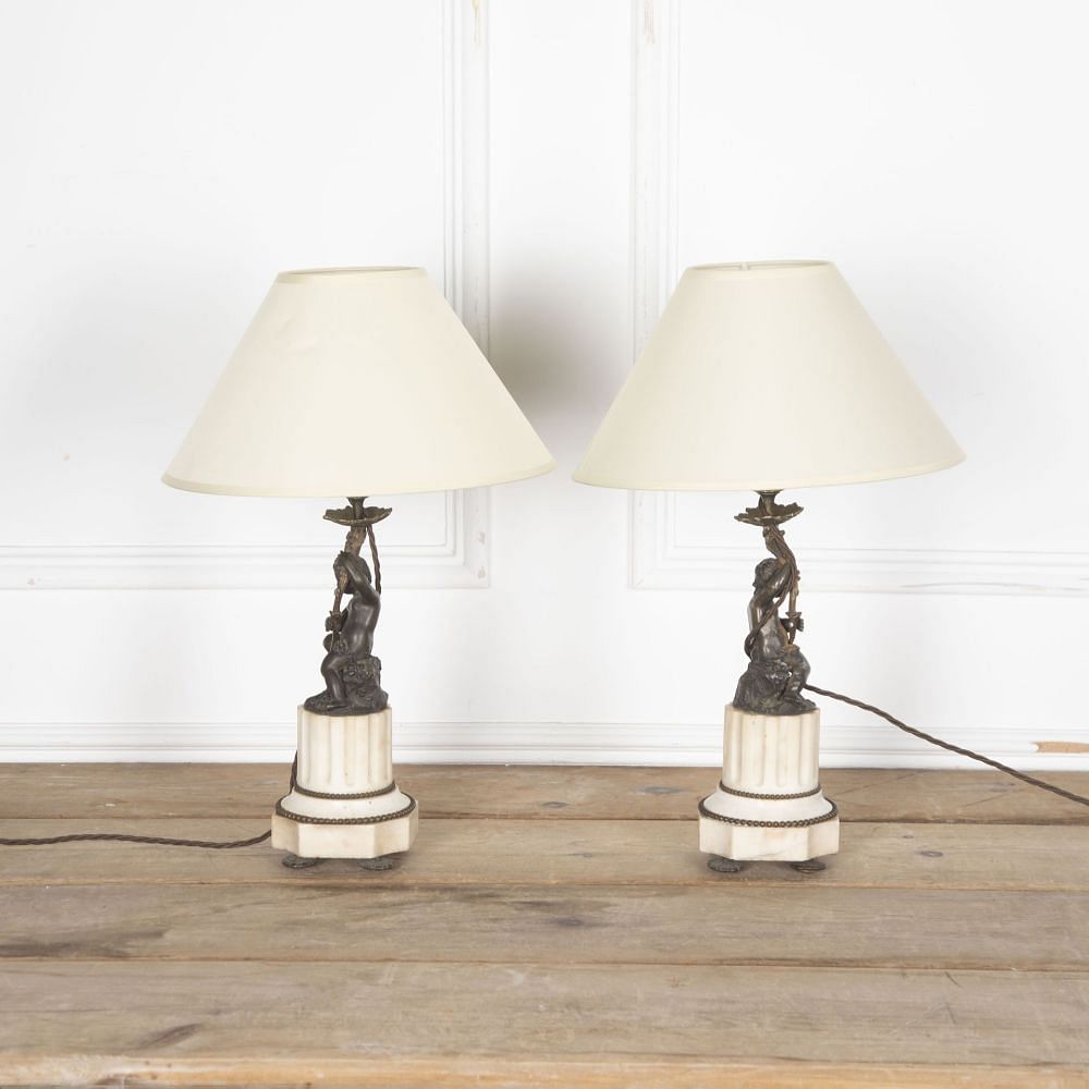 SALE: Pair of 19th Century French Marble and Bronze Cherub Table Lamps LT3730905