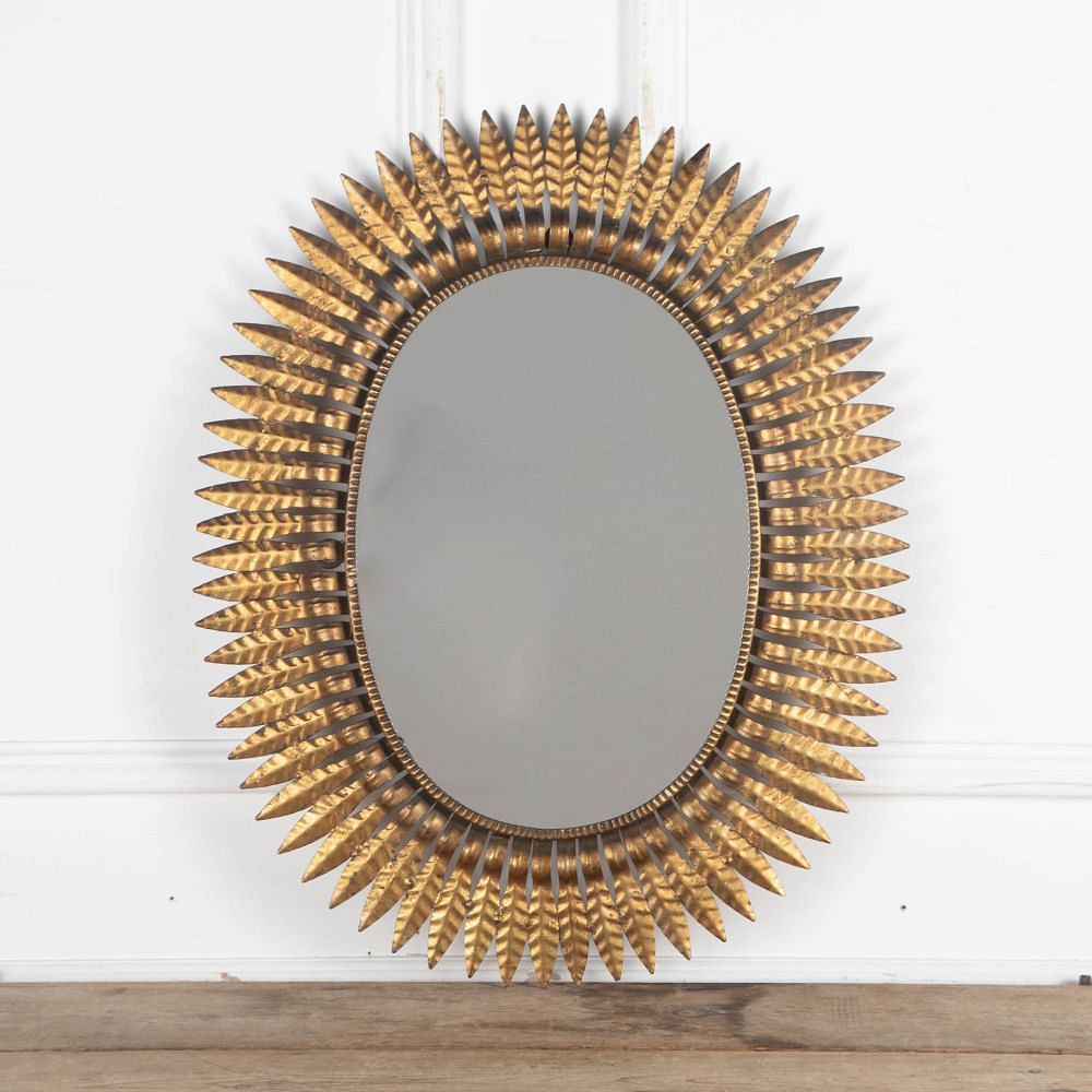 Mid-20th Century Spanish Gilt Metal Leaf Oval Sun Mirror MI3432732