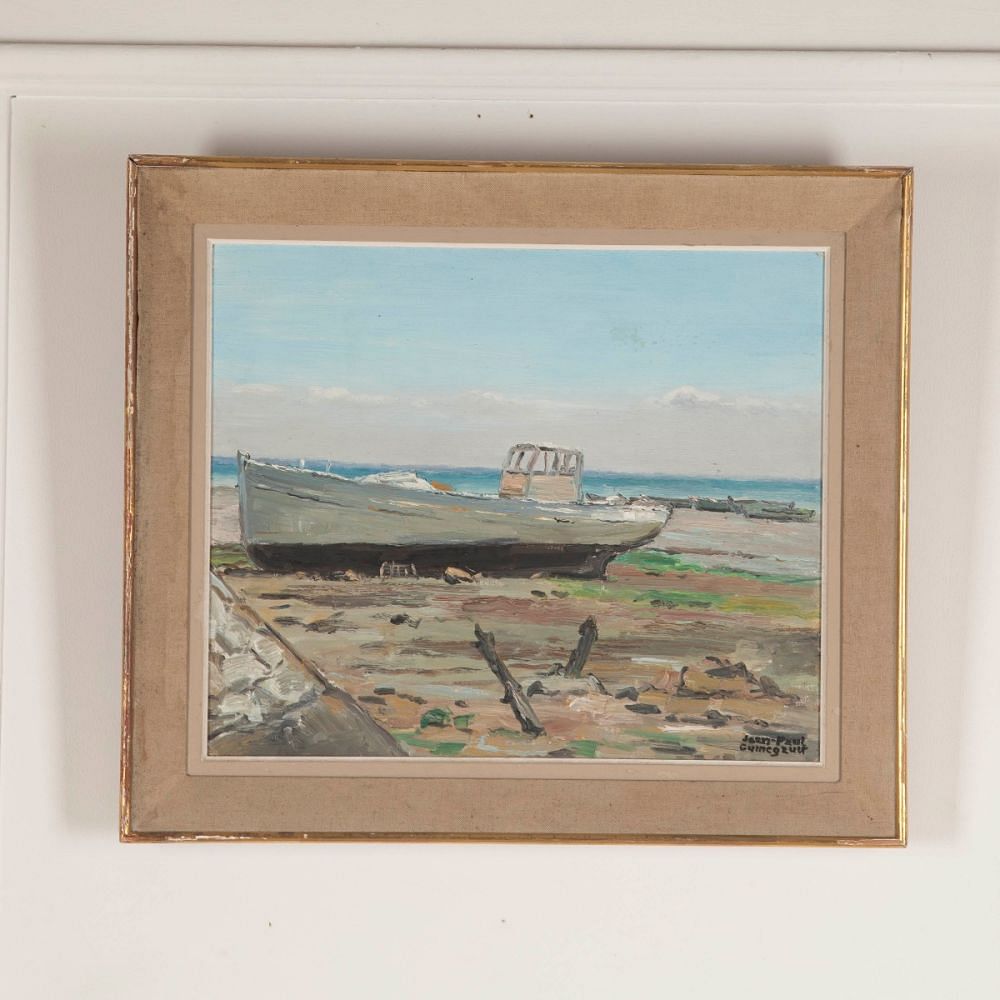 20th Century French Oil on Board Painting of Boat on a Beach WD4812727