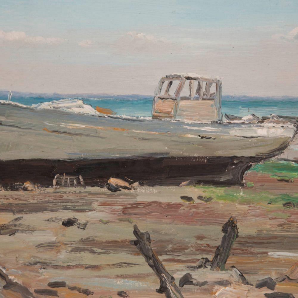 20th Century French Oil on Board Painting of Boat on a Beach WD4812727