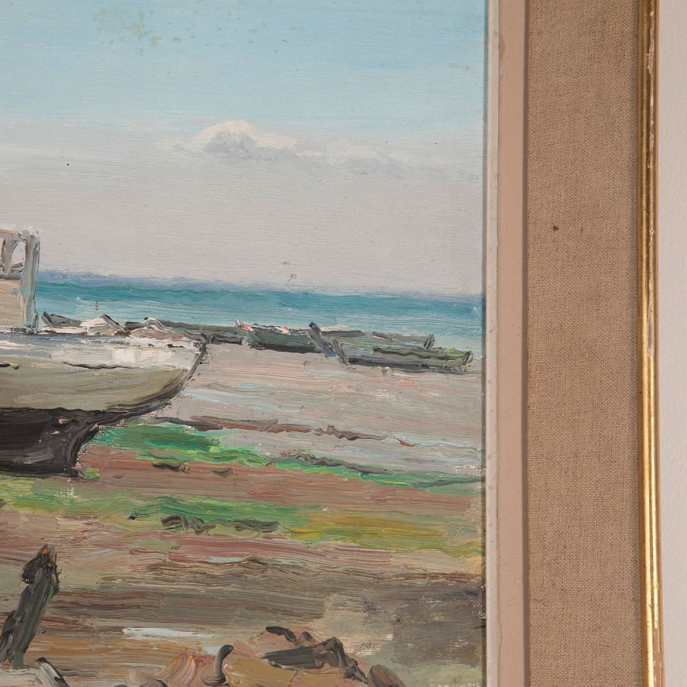 20th Century French Oil on Board Painting of Boat on a Beach WD4812727