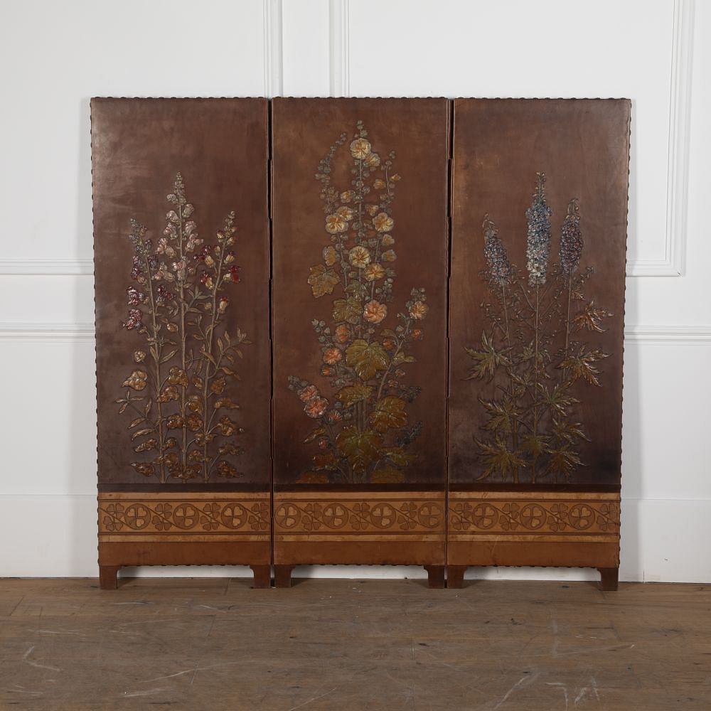 Early 20th Century Arts and Crafts Embossed Leather Screen DA5329493