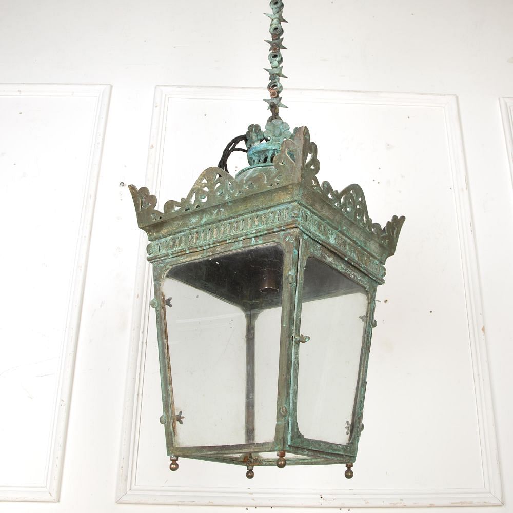 Late 19th Century French Verdigris Copper Hanging Lantern with Chain LL8120382