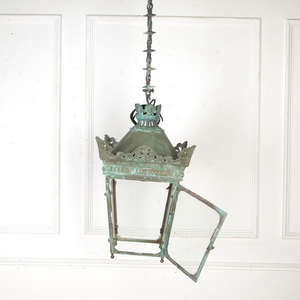 Late 19th Century French Verdigris Copper Hanging Lantern with Chain LL8120382