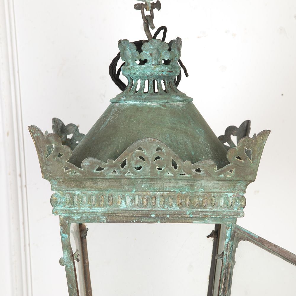 Late 19th Century French Verdigris Copper Hanging Lantern with Chain LL8120382