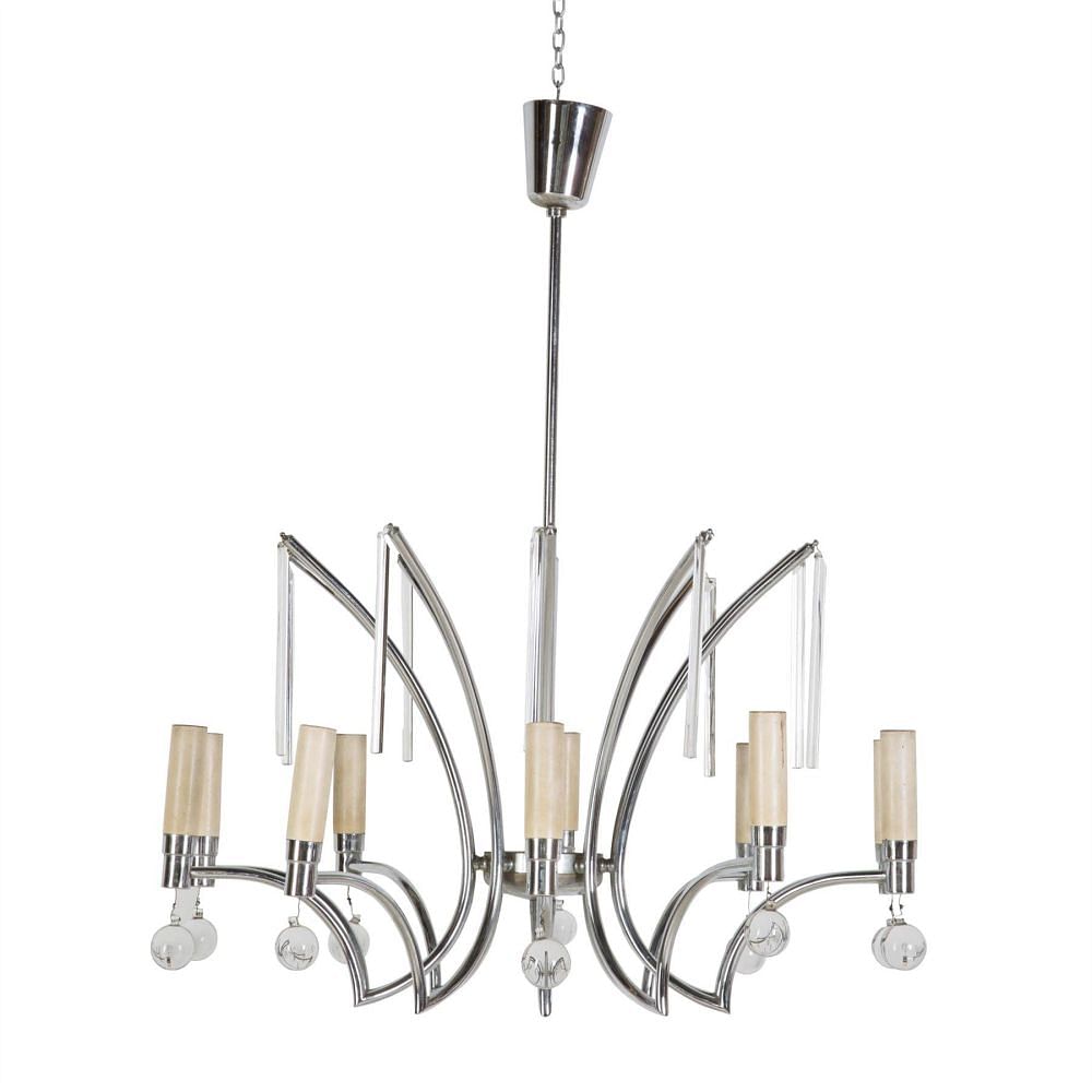 French Mid Century Chrome and Glass Chandelier LC017670