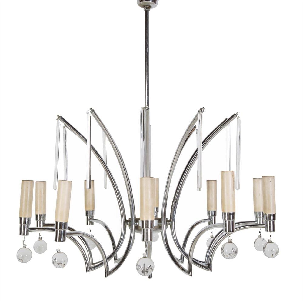 French Mid Century Chrome and Glass Chandelier LC017670