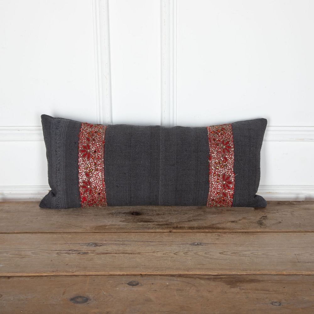 Hand Dyed Black Linen Cushion with Indian Beadwork Braid RT9034092
