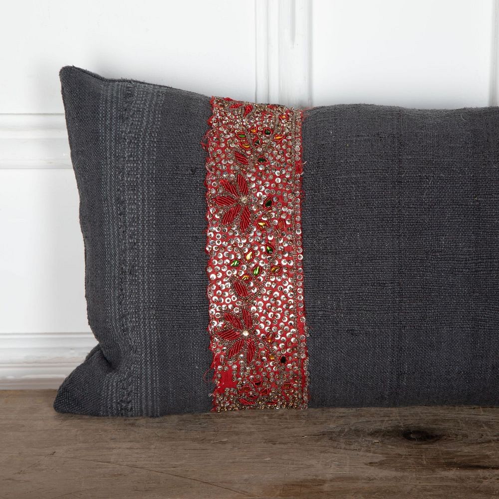 Hand Dyed Black Linen Cushion with Indian Beadwork Braid RT9034092