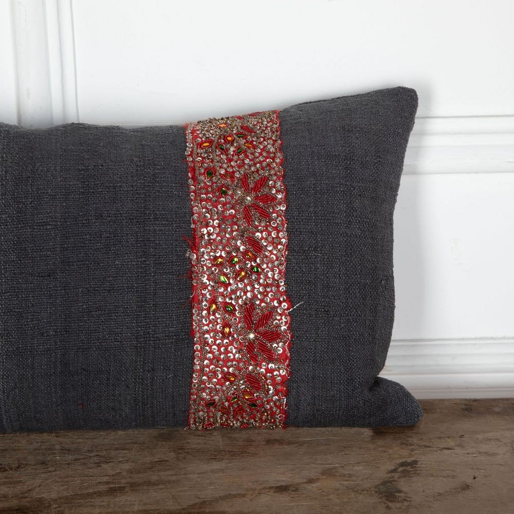 Hand Dyed Black Linen Cushion with Indian Beadwork Braid RT9034092