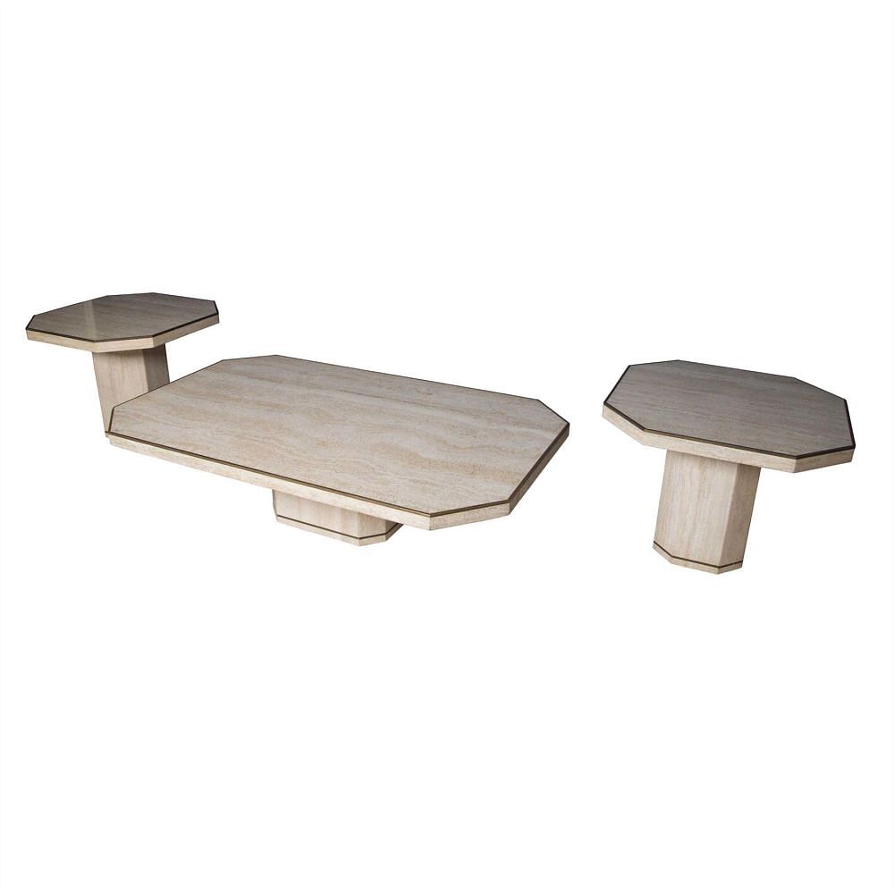 Willy Rizzo Travertine Coffee Table and Side Tables CT5355973