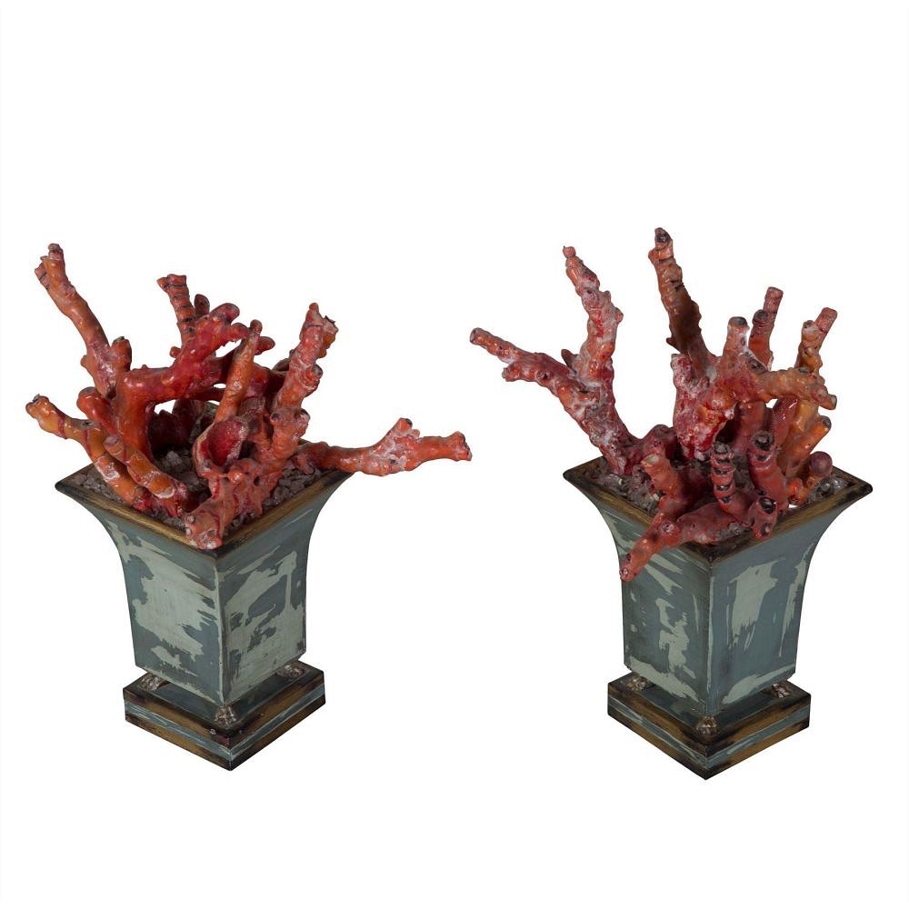 Pair Red Bamboo Coral Planters DA289153