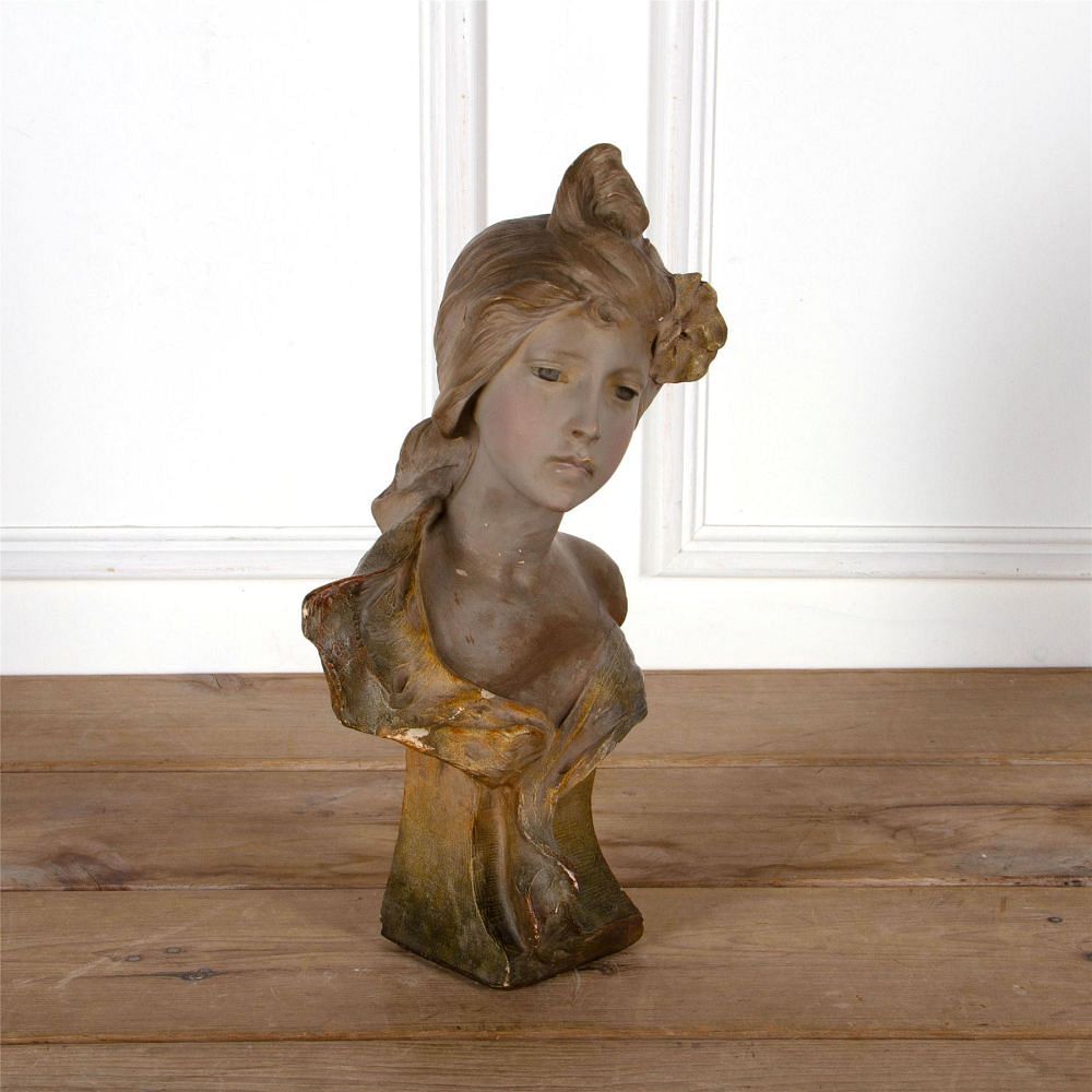 Italian Art Nouveau Painted Terracotta Bust By Richard Aurili DA62521