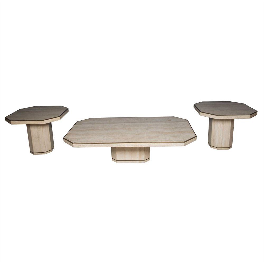 Willy Rizzo Travertine Coffee Table and Side Tables CT5355973
