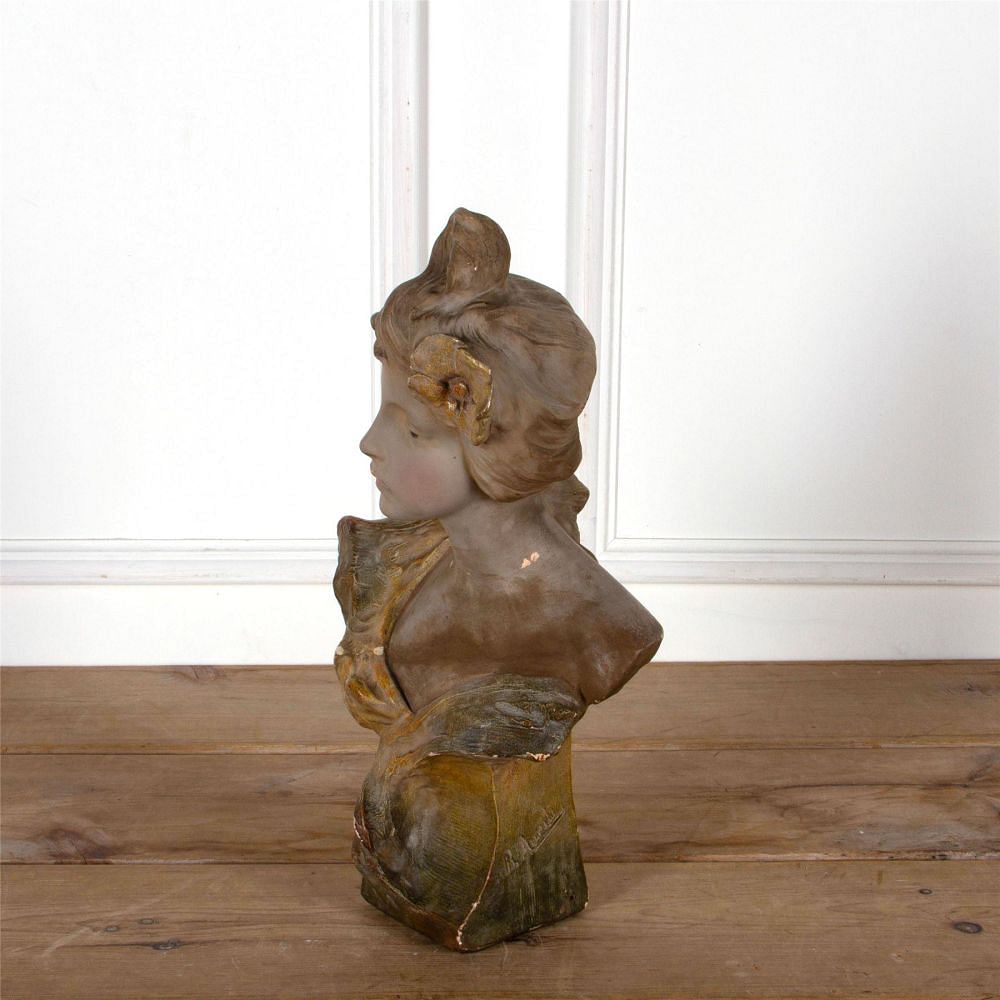 Italian Art Nouveau Painted Terracotta Bust By Richard Aurili DA62521