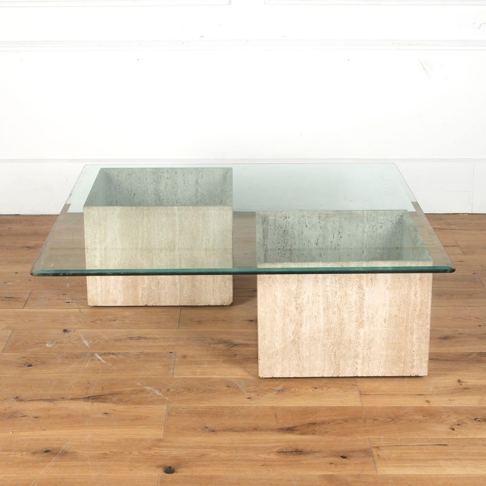 20th Century French Travertine Base and Glass Coffee Table CT3713265