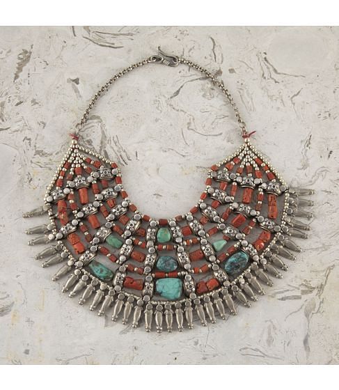19th Century Nepalese Turquoise and Coral Silver Necklace