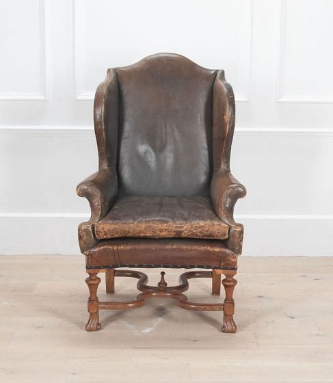 19th Century English Green Leather Library Wing Chair
