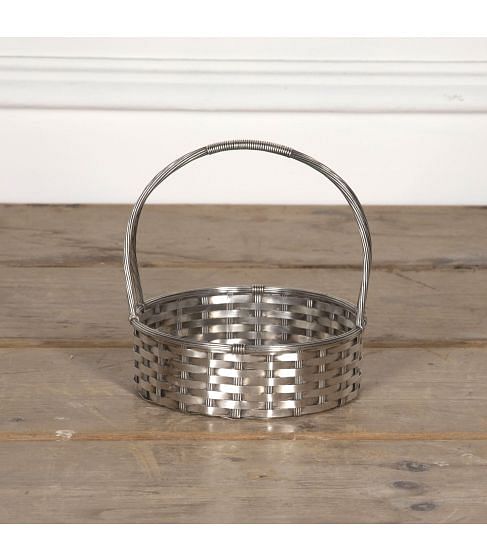 20th Century Round Silver Plate Woven Basket with Handle