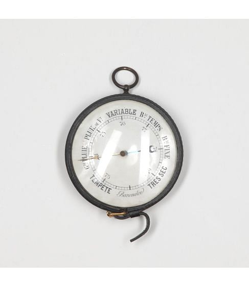 20th Century Saddle Stitched Black Leather Barometer in the manner of Jacques Adnet