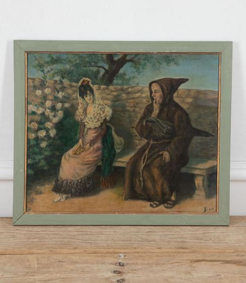 20th Century Signed Painting of A Monk and Spanish Lady