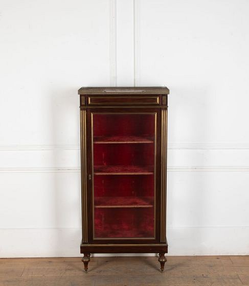 19th Century French Mahogany Vitrine with Brass Decoration and Marble Top