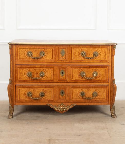 20th Century French Elm Parquetry Gilt Bronze Mounted Commode