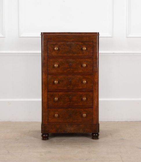 French 19th Century Flame Mahogany Five Drawer Chest