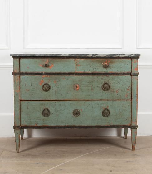 18th Century Italian Original Painted Marble Topped Chest of Drawers