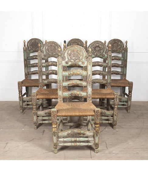 Set of Six 20th Century Andalusian High Back Chairs