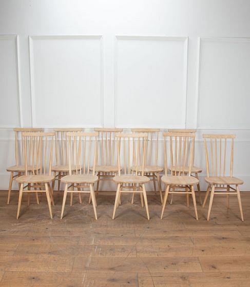 SALE: Set of Ten Mid-Century Ercol 608 Bleached Elm Dining Chairs