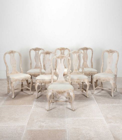 Set of Eight 19th Century Swedish Rococo Style Dining Chairs