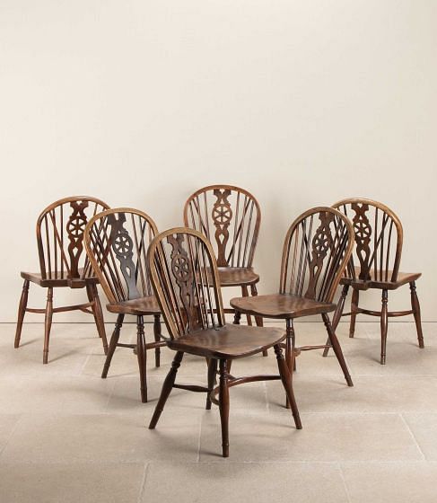 Harlequin Set of Six 19th Century Wheel Back Chairs