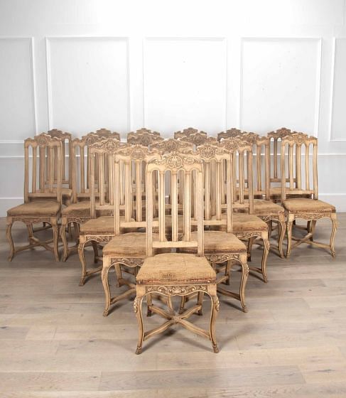 Set of Eighteen 19th Century Bleached Walnut and Beech Dining Chairs