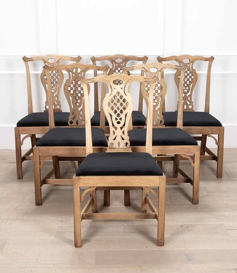 Georgian 19th Century Set of Six Bleached Mahogany Fretted Back Dining Chairs