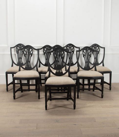 Set of Eight 20th Century 'Old Black' Painted Dining Chairs