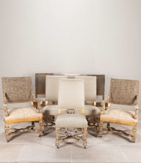 Set of Six 19th Century Louis XIV Style Giltwood Dining Chairs and Two Armchairs