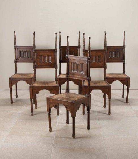 Set of Six 20th Century Gothic Oak Dining Chairs