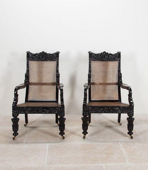 Pair of 19th Century Anglo-Indian Ebony Armchairs