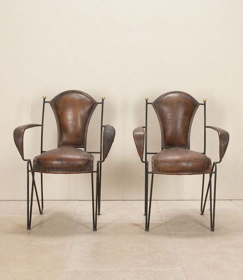 Pair of Mid-Century French Leather and Iron Chairs