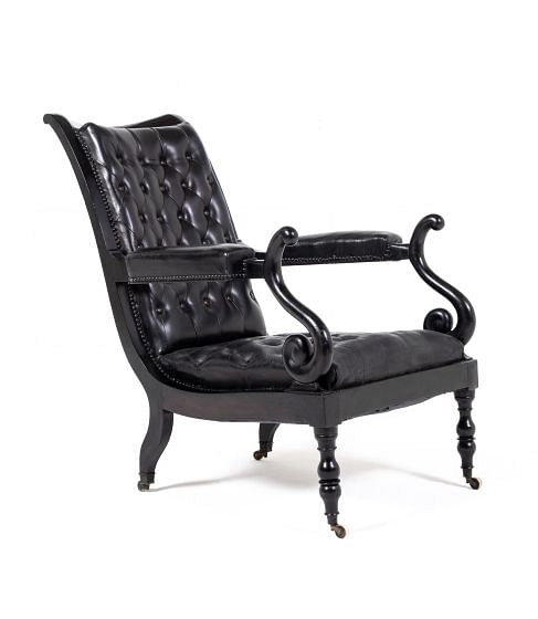Mid 19th Century Ebonised and Leather Library Armchair