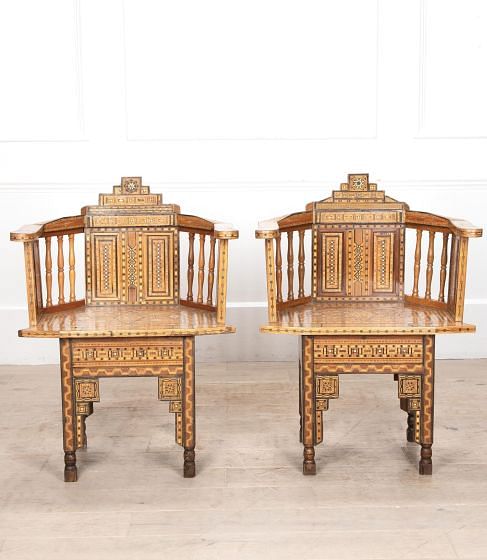 Pair of 20th Century Syrian Moorish Inlaid Armchairs