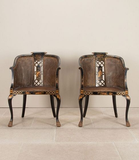 Pair of Late 19th Century English Chinoiserie Decorated Bergère Armchairs
