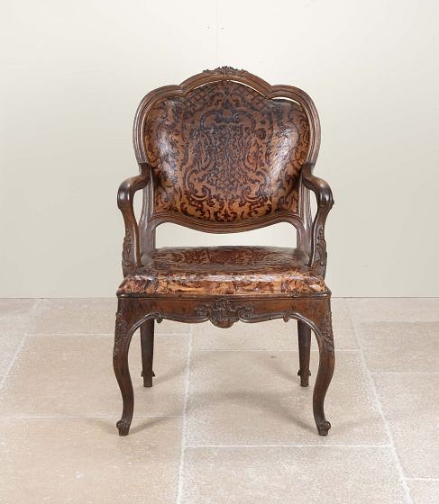 18th Century French Oak & Leather Fauteuil