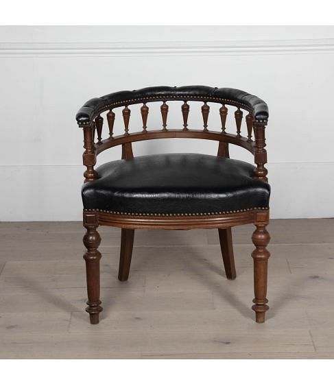 19th Century French Barrel Backed Leather Library Armchair