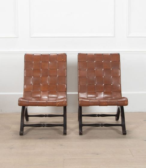 Pair of 20th Century Spanish Strap Leather Chairs by Pierre Lottier