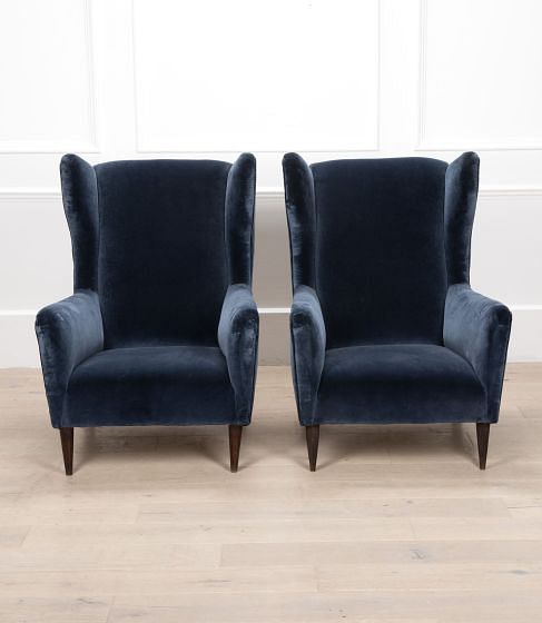 20th Century Italian Blue Velvet Italian High Back Armchairs